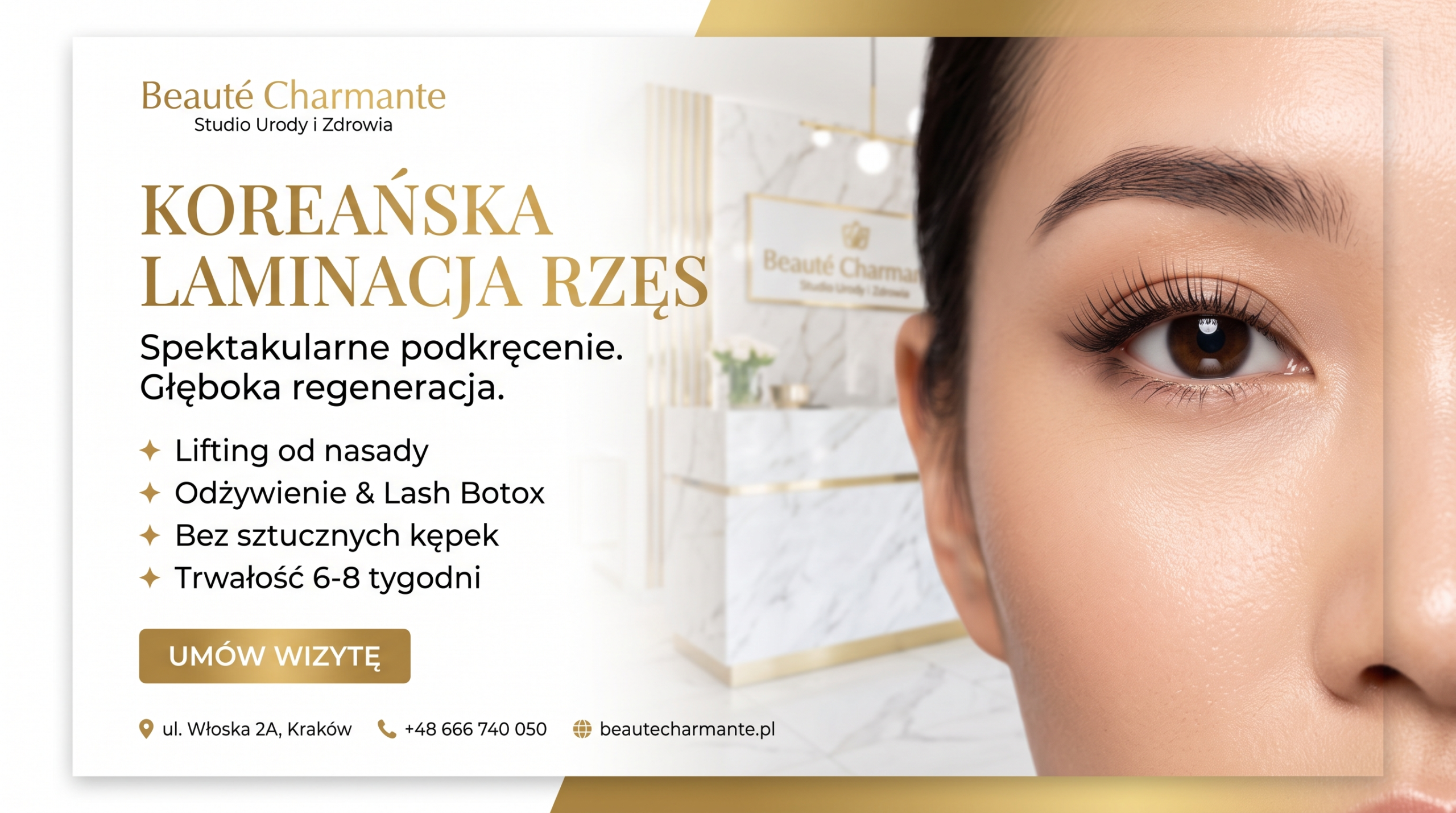 Koreańska laminacja rzęs Kraków - efekty zabiegu w salonie kosmetycznym Beauté Charmante